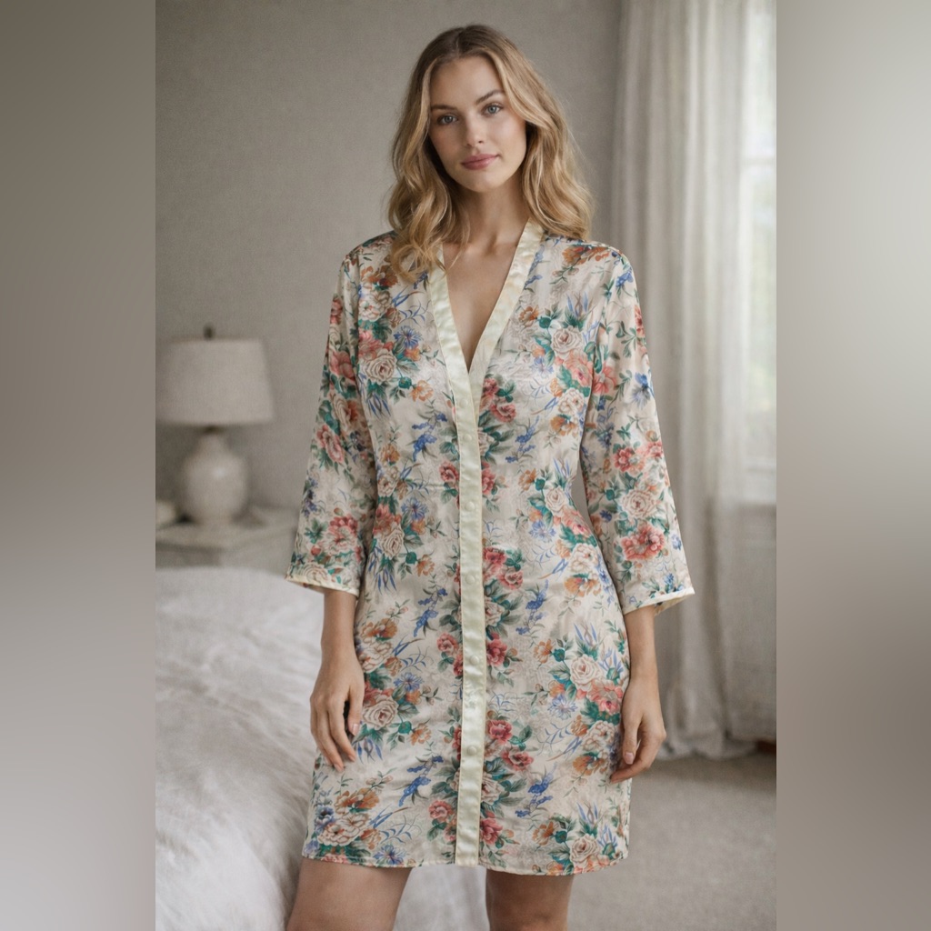 Vintage Victoria's Secret Satin Button Down Floral Robe Kimono Gold Label